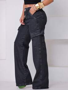 Wide Leg Cargo Jeans - Grey - View 2