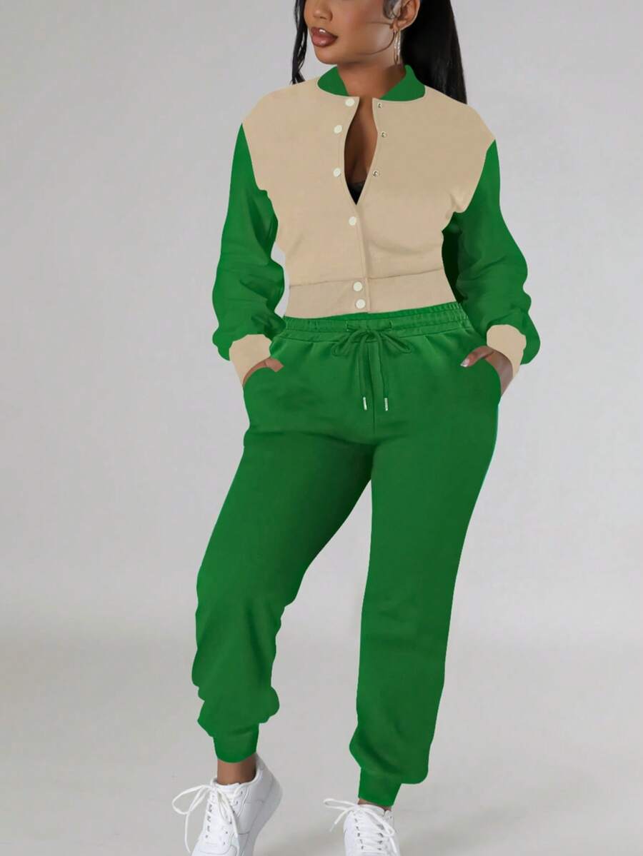 Women's Casual Color Block Single-Breasted Long Sleeve Jacket Top Paired With Drawstring Pocket Sweatpants Set, Spring/Autumn/Winter