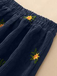 秋冬复古棕色灯芯绒绣花裙，秋季及膝绣花裙，校服裙，复古老钱裙，万圣节和圣诞节裙 - 藏蓝色 - 查看 3