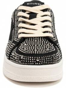 Niluber Star Sneakers For Women Low Top Cushioned White Gold Sliver Leopard Platform Sneakers Lace Up Red Glitter Platform Party ShoesChristmas - 黑色水鑽 - 查看 5