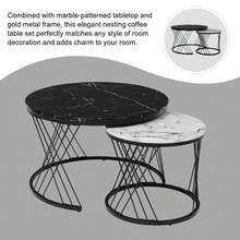 Round Coffee Table, Modern Coffee Table Set Of 2 Marble Pattern Top With Metal Frame, Small Side Table, End Table For Living Room, Bedroom, Home Office, Farmhouse, White And Black - Black and White - View 6