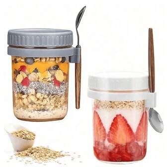 两件套：玻璃隔夜燕麦杯（带盖和勺子）、密封梅森罐（可用于盛放早餐、沙拉、酸奶、沙拉碗、便携式野餐杯）。新款玻璃水杯（带勺子和盖子）、隔夜燕麦杯、梅森罐、便携式玻璃杯（带盖和勺子）。