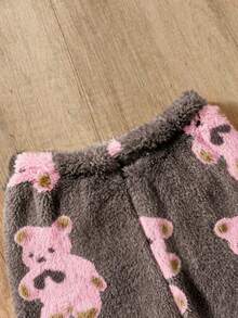 2件套小女孩熊毛绒长袖上衣和裤子套装，秋冬