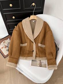 Vintage Cargo-Stil khakifarbene kurze Jacke aus Wildleder und Wollpatchwork für Frauen, Streetstyle, Party, Pendeln, Weihnachts-Date - vielseitige Damen Oberbekleidung - Khaki - Übersicht 2