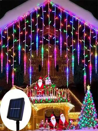 1 st soldrivna istappsljusslingor, dekorativa julslingor, 8 lägen, vit/färgad, perfekt presentval till jul, lämplig för takfot, staket, korridorer, bröllop, fester, jul, halloweendekoration, juldekorationer (300mAh)