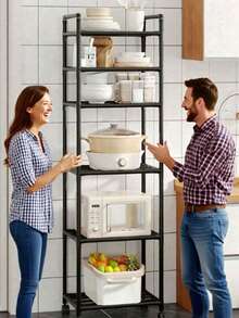 6 Tier Adjustable Kitchen Shelf, Kitchen Organizer Storage Cabinet, Black Metal Shelf With Hooks, Spice Rack, Cookware And Utensil Rack, Home Decorations For Kitchen, Pantry, Bathroom, Valentine's Day And Easter Decorations. - Black - View 7