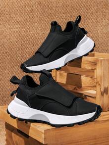 男女通用魔术贴透气休闲时尚运动鞋，厚底运动鞋，非常适合搭配牛仔裤运动装 - 黑色 - 查看 13