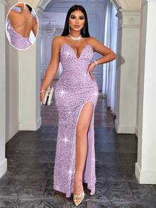CHOSMO Lavender Fitted Sequin Metal Chain Strap Backless High Waist Slit Dress, Elegant Ladies' Formal Gown For Ball, Cocktail Party, Wedding Guest, Formal Occasion - Mauve Purple - View 11