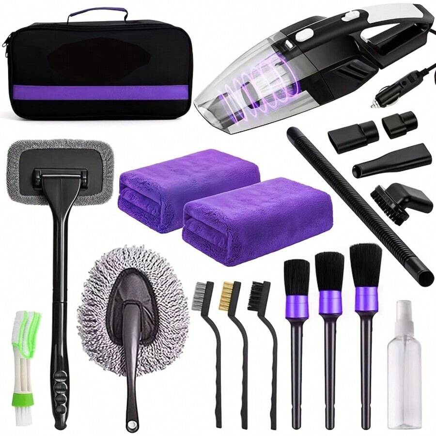 19 Piece Car Care Tools, High-Power Handheld Vacuum Cleaner, Cleaning And Car Wash Kit, Interior Cleaning Set. Available In Purple, Blue, And Purple. - Purple - View 1