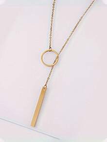 YUNCHUN 1pc Summer Niche Gold Round Ring Vertical Bar Pendant Necklace, Minimalist Elegant Commuter Collarbone Chain - Gold - View 4