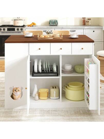 Kitchen Isl Trolley Sideboard Drawers Extendable Worktop, Spice Rack, Pet Feeding Area out Cat Bowl), Wit Walnut, 120*(40+30)*90 Cm view 10