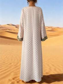 Women's V-Neck Embellished Flared Sleeve Flowy Dress ,Arabic Style Jalabiya Dresses For Women Casual , Spring/Summer, Arabian Dresses, Modest