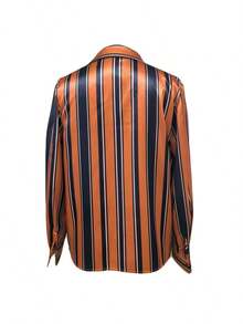 1 pieza Blusa de manga larga con botones y estampado a rayas en todo el diseño, adecuada para vacaciones, citas nocturnas, fiestas, regreso a clases, primavera y otoño