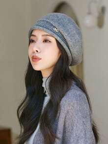 1 件女士秋冬时尚百搭羊毛针织帽，毛线帽，舒适温暖叠戴帽