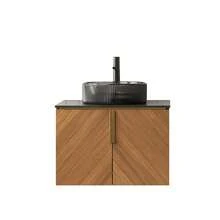 ARAI 76cm Wall Mounted Bathroom Washbasin With White Ceramic Round Basin With Stone Pattern, Black Sintered Stone Countertop, 2 Door Solid Wood Cabinet, Espresso Wood Grain Color - 黑色 + 濃縮咖啡色 + 陶瓷 + 燒結石 + 合板 - 查看 3