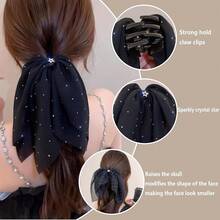 Large Chiffon Silk Hair Bow For Women Mesh Big Bows Hair Clips With Pearls Crystal Tulle Hair Barrettes Long Tail Bowknot Hair Accessories (Star Black)StarBlack - 星星黑 - 查看 6