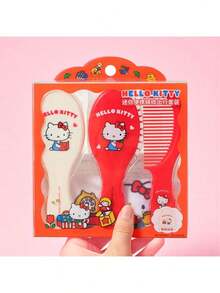 Miniso 名创优品 x Hello Kitty 系列 3 件套镜梳套装，含收纳袋，包括气垫梳、发梳、化妆镜和收纳袋 - 紅白色 - 查看 3