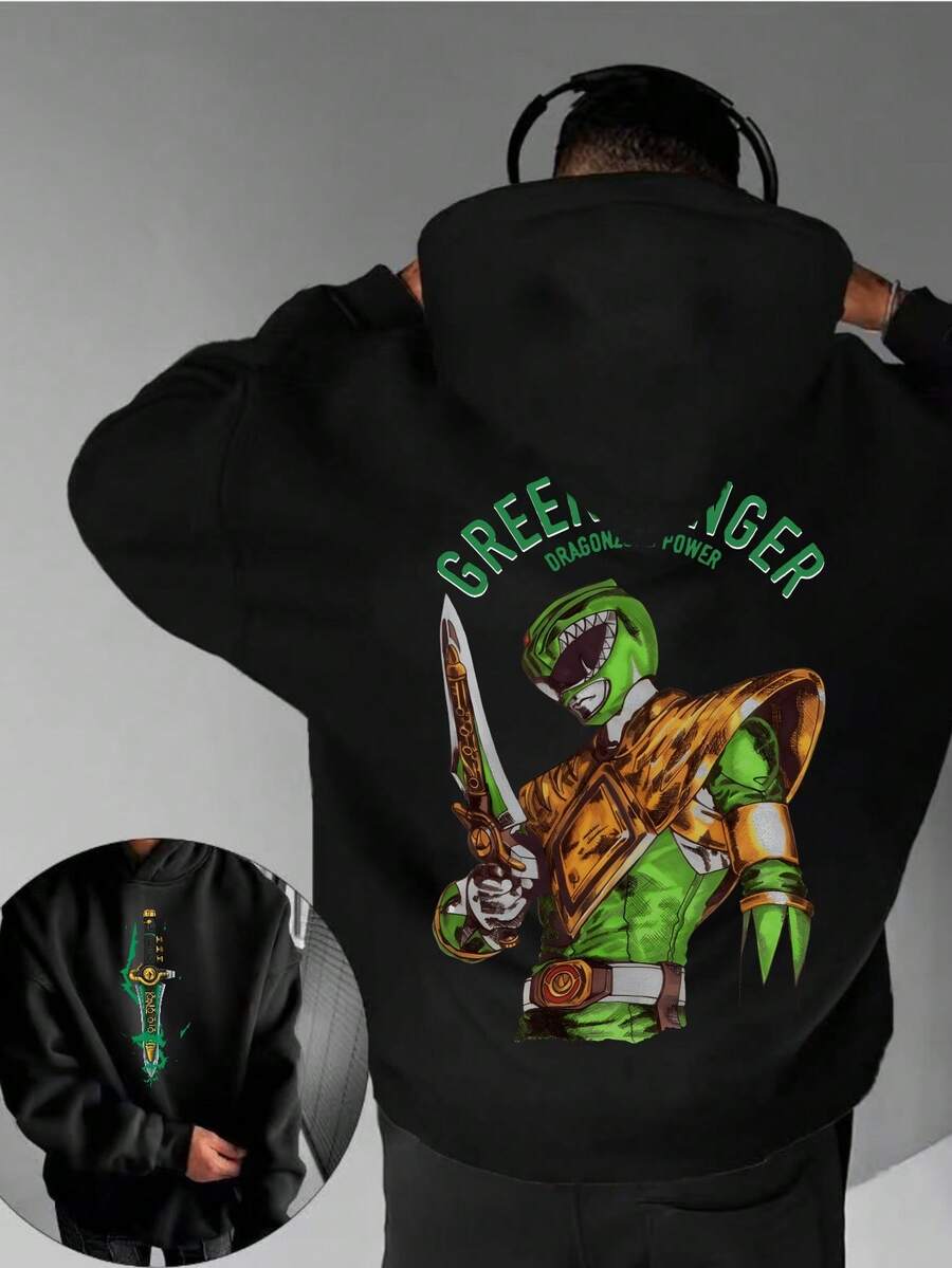 Double Sided Printed Green Ranger Dragon Power Warrior Design Men's Hoodie Streetwear Fashion Casual Graphic Sweatshirt For Fans Of Power Rangers And Sci Fi Movies Comfortable Fleece Pullover With Bold Artwork Perfect For Daily Wear College Life Or Gaming Events - màu đen - Xem 1