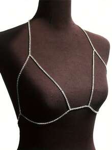 1件夜店镂空水晶水钻极简文胸链，性感水晶女士比基尼内衣配饰 - 銀色 - 查看 3