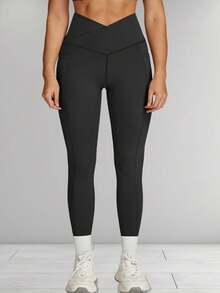 大码女式高腰收腹瑜伽裤，休闲运动紧身裤，带口袋，交叉绑带设计，适合锻炼、跑步、训练 - 黑色 - 查看 7