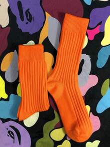 1/4 双装橙色时尚运动袜，中筒袜，及膝袜，男女通用，情侣袜，船袜，适合春、夏、秋季穿着，双层针织工艺，舒适透气，宽松版型