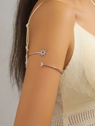 1pc Elegant Geometric Adjustable Bracelet, Personalized Versatile Micro-Inlaid Sun & Moon Design, Suitable For Women Outdoor Travel, Party, Dating, Gift, Casual Wear