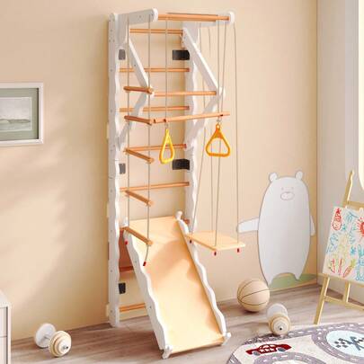 6-In-1 Multifunctional Climbing Frame, Sprossenwand. Locking Wood, Solid Beech Wood. 50 Kg Weight Capacity. Slide, Swing, Climbing Ladder, Climbing Structure, Climbing Area. Ring. Jungle Gym Set.