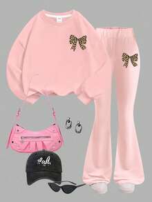 2pcs/Set Tween Girl Leopard&Bow Graphic Sweatshirt And Flares Pants Set,Comfortable & Fashionable Casual Wear Outfit,Back To School Outfits