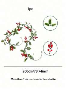 1/2pcs 74.8inch Artificial Red Fruit Vine With Simulated Green Leaves, Wreath-Style Artificial Vine, Bright Colors, For Home Decoration, Outdoor Courtyard Decoration, Porch Balcony Decoration, Fireplace Decoration, Christmas Tree Decoration, Wreath Making, Party Decoration, Bedroom Living Room Decoration, Wall Decoration, Office Decoration, Christmas Decoration, Birthday Gift