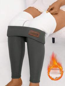 女士加厚保暖高腰瑜伽裤，透气紧身打底裤，适合秋冬季跑步、骑行、健身、滑雪等运动 - 灰色 - 查看 3