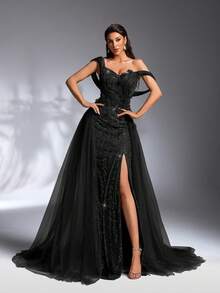 IBTRLY Nuevo vestido de noche formal de lujo con lentejuelas, bordados, encaje y parches de malla con cola, adecuado para fiestas, bodas, aniversarios, cumpleaños, alfombra roja, Año Nuevo, Día de San Valentín