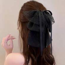 Large Chiffon Silk Hair Bow For Women Mesh Big Bows Hair Clips With Pearls Crystal Tulle Hair Barrettes Long Tail Bowknot Hair Accessories (Black Beads)BlackBeads - 黑珠 - 查看 3