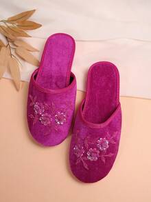 Dép xỏ ngón thêu hoa vân anh tím cho nữ, giày bệt hở lưng, dép bệt thanh lịch, thoải mái, thoáng khí, dùng trong nhà/ngoài trời - Màu Hồng Tươi - Xem 6