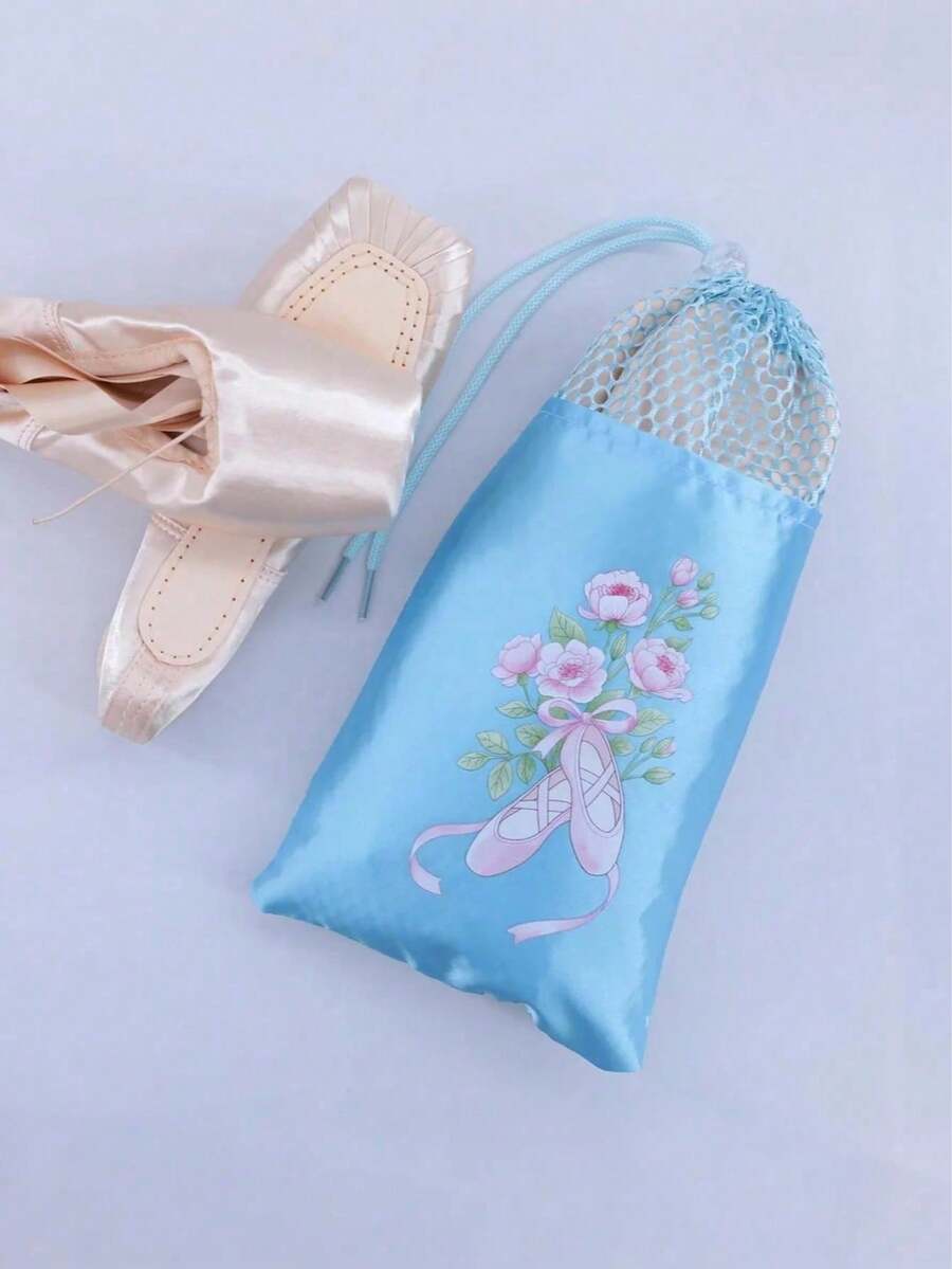 1pc Double Pocket Dance Shoe Drawstring Bag, Breathable Mesh Ballet Pointe Shoes Tote Bag