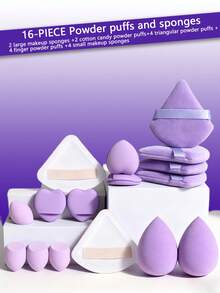 16pcs Makeup Sponge & Puff Set: 2 Large Makeup Sponges + 2 Makeup Powder Puffs + 4 Triangle Makeup Puffs + 4 Finger Makeup Puffs + 4 Small Makeup Sponges, Portable Travel Makeup Kit - Multicolor - View 9