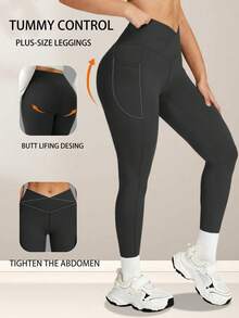 大码女式高腰收腹瑜伽裤，休闲运动紧身裤，带口袋，交叉绑带设计，适合锻炼、跑步、训练 - 黑色 - 查看 3