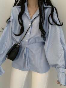 Women's Casual Unique Collar Striped Long Sleeve Loose Button-Up Blouse Shirt - Blue and White - View 4