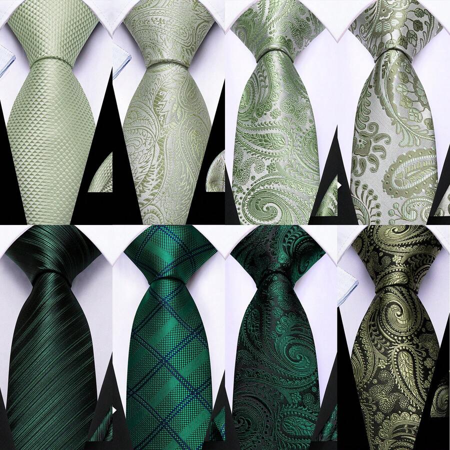 男士加长领带，佩斯利花纹、纯色、格纹和条纹领带，薄荷绿、蓝绿色、青色领带、手帕、袖扣套装，适合婚礼、派对、学校等场合。 - 彩色 - 查看 1