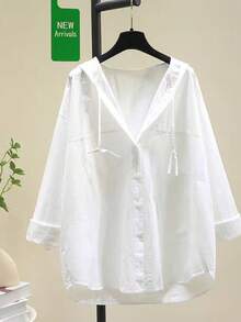 Women's Solid Color Drop Shoulder Single-Breasted Casual Hooded Shirt, Front Short Back Long