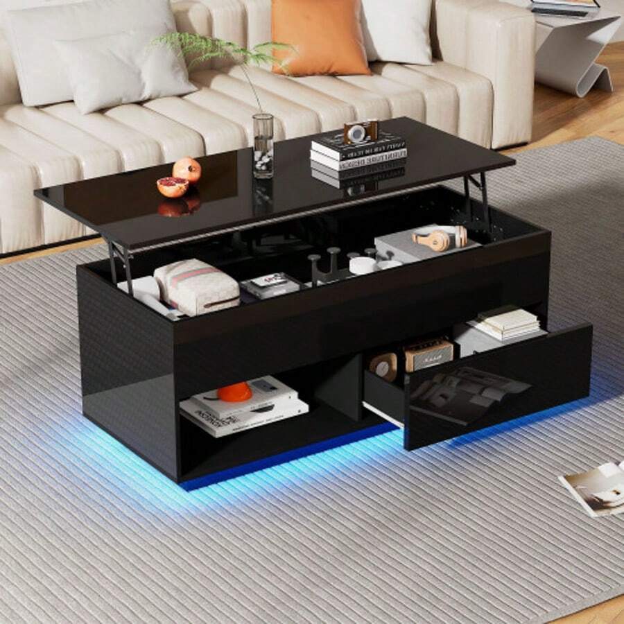 100*50*44cm Hydraulic Height-Adjustable Coffee Table, With LED Lighting, Bluetooth App Control, 2 Drawers And Open Storage Space, Black Liftable Coffee Table - Black3 - View 1