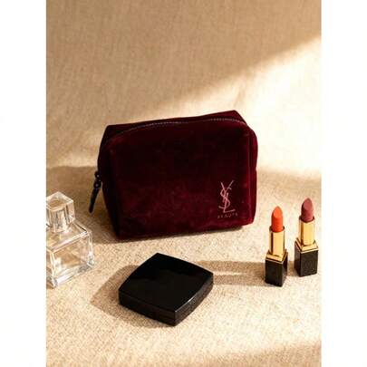 Yves Saint Laurent Saint Laurent Wine Red Velvet Cosmetic Bag (Small And Portable Storage Bag), Made Of High-Quality Velvet Fabric, Super Convenient For Storing Lipsticks, Keys, Cosmetics And Card Cases. An Elegant And Fashionable Makeup Bag, A Great Gift
