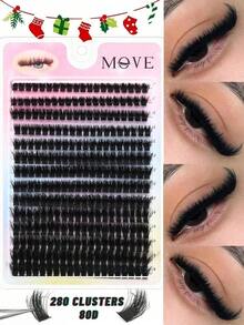 280pcs 80D&60D Mix Cluster Eyelash, 0.07mm Thickness, D Curl, 8mm-16mm Mix Length, Natural Style Russian Flat Dense Fluffy Handmade Mink Eyelash Cluster For Halloween Theatrical Makeup, Festival Makeup, Christmas Makeup, Beginner Essential - 黑色 - 查看 2