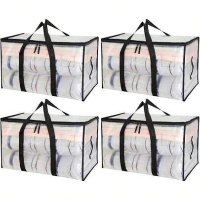 90L Large Storage Bag With Lid Pack Of 4 Transparent Moving Boxes Clothing Storage Moving Bags Moving Bag With Handle For Storing And Organising Clothes