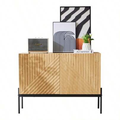 Sideboard With 2 Türen And Metallbeinen, Buffet, Kommode Mit Linien-Design, Mass: H 75 Cm / B 100 Cm / T 40 Cm