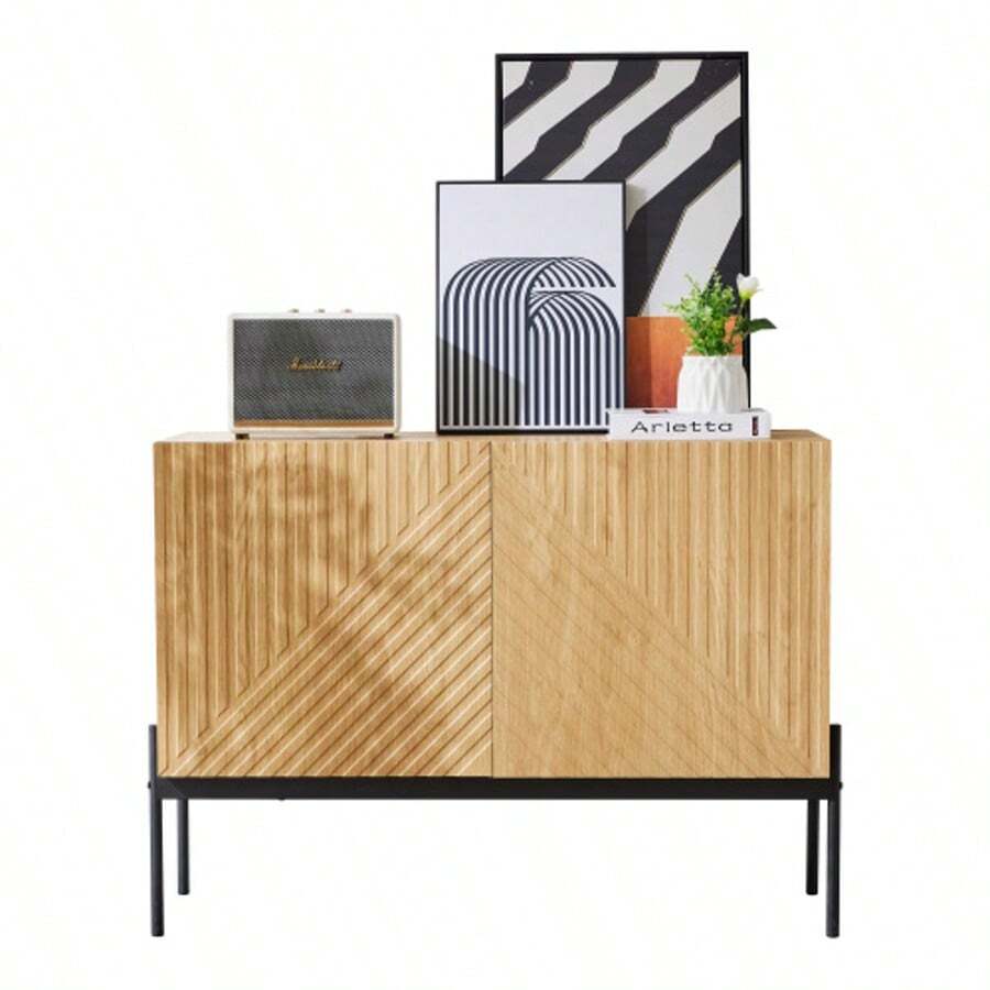Sideboard With 2 Türen And Metallbeinen, Buffet, Kommode Mit Linien-Design, Mass: H 75 Cm / B 100 Cm / T 40 Cm - Natural Color - View 1
