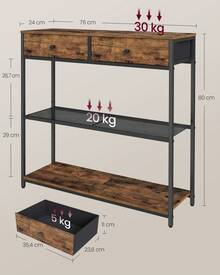 VASAGLE Mesa de Entrada Estrecha, con 2 Cajones de Tela, Mesa de Consola de 3 Niveles, 24 x 76 x 80 cm, para Entrada, Sala de Estar, Marrón Rústico y Negro Tinta - Marrón - Ver 6