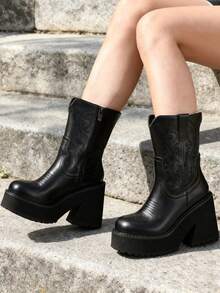 Fashion 2025 Gothic Women Platform Boots Square Toe High Heel Classic Chunky Goth Motorcycle Boots Halloween - 黑色-3 - 查看 1