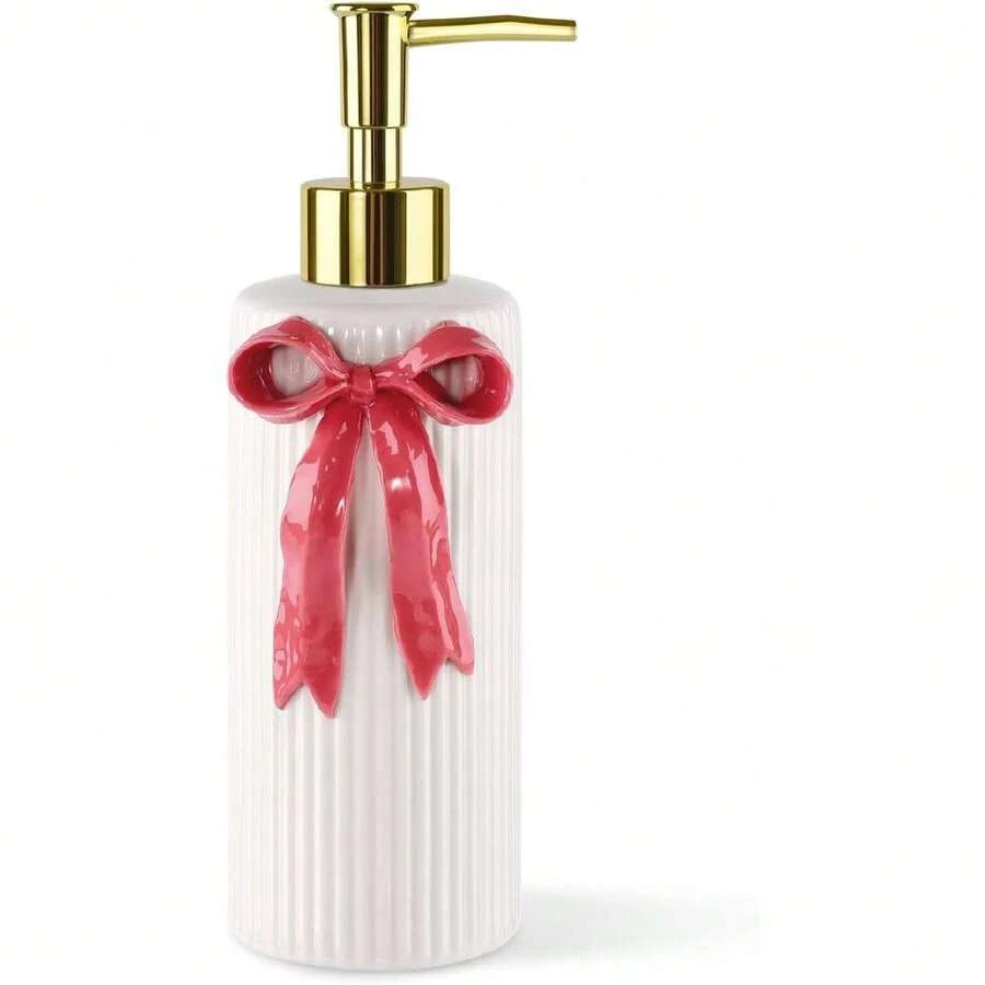 Hanade Ceramic Bow Soap Pump Dispenser Hand Lotion Liquid Dispenser Refillable For Kitchen And Bathroom Drative (Ribbon Red),27473223 - Red and White - View 1