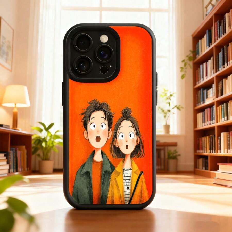 Cubierta de telefono con diseño de dibujos animados naranja pareja sorprendida estilo cartoon para hombres y mujeres ideal para uso diario en casa biblioteca o trabajo Aplicable a teléfonos Apple y Galaxy. - Negro - Ver 1
