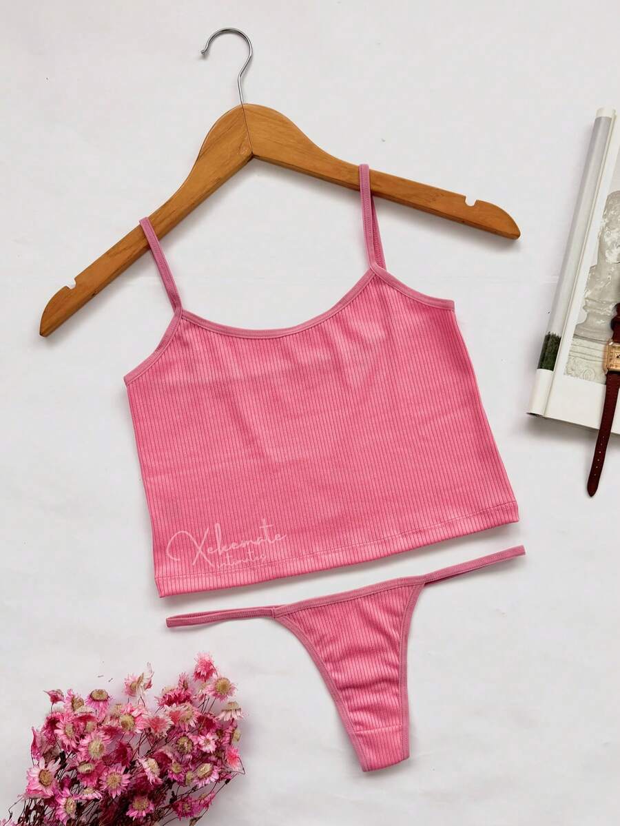 Lingerie Set: Thong Without Padding, Ribbed Suede Fabric, Comfortable, Butt-Lifting, Women's Fashion - 藕粉色 - 查看 1